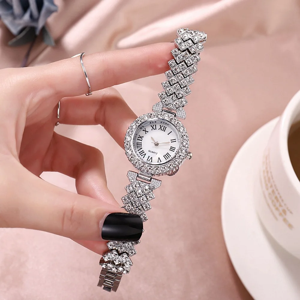 2pcs Luxury Women Rhinestone Rose Gold Watch Fashion Ladies Quartz Diamond Wristwatch Elegant Female Bracelet Watches Set Gift