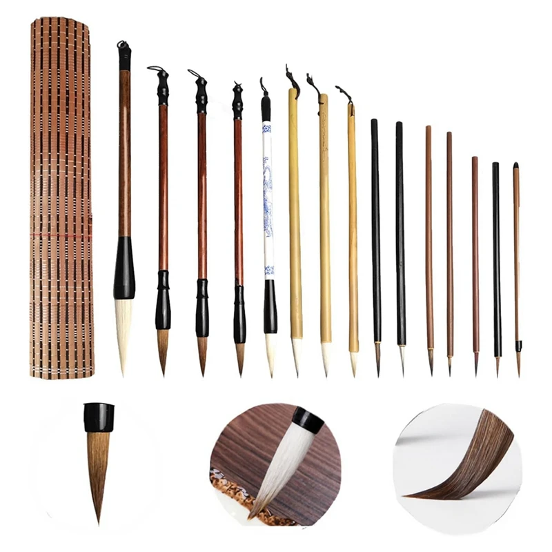 Set di pennelli per calligrafia cinese, pennelli per scrittura cinese da 15 pezzi con portapenne in bambù Pennelli per inchiostro per pittura giapponese-ABFB