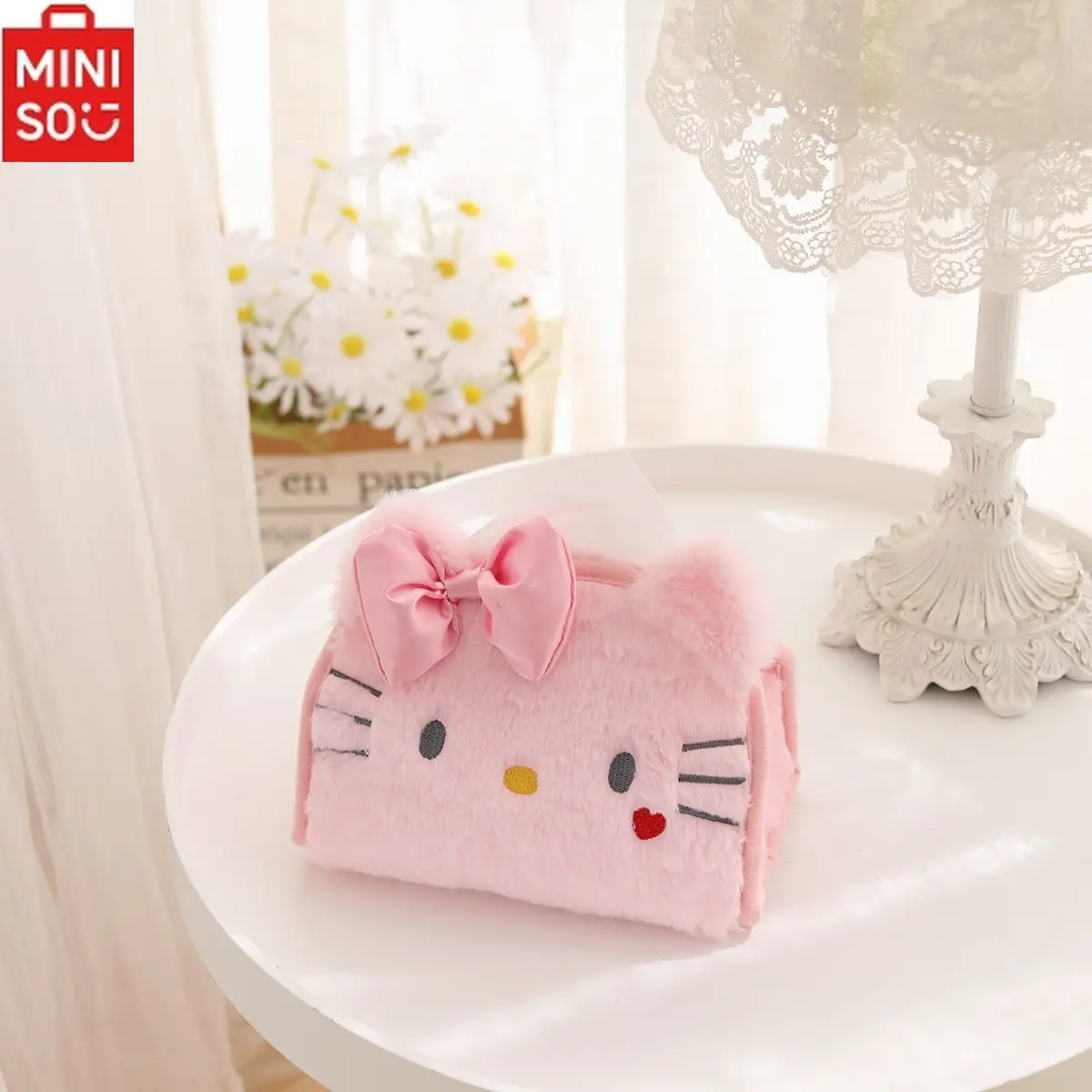 

MINISO Sanrio HelloKitty Car Plush Tissue Box Cartoon Bow Cinnamon Big Ear Dog Ladies Car Kawaii Decoration Ornaments Universal