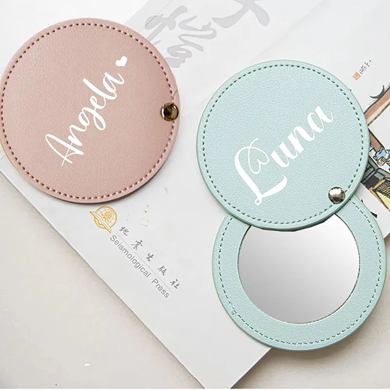 Personalized Leather Pocket Mirror Small Mini Round Cute Portable Magnifying Vanity Hand Makeup Professional Mirror for Travel