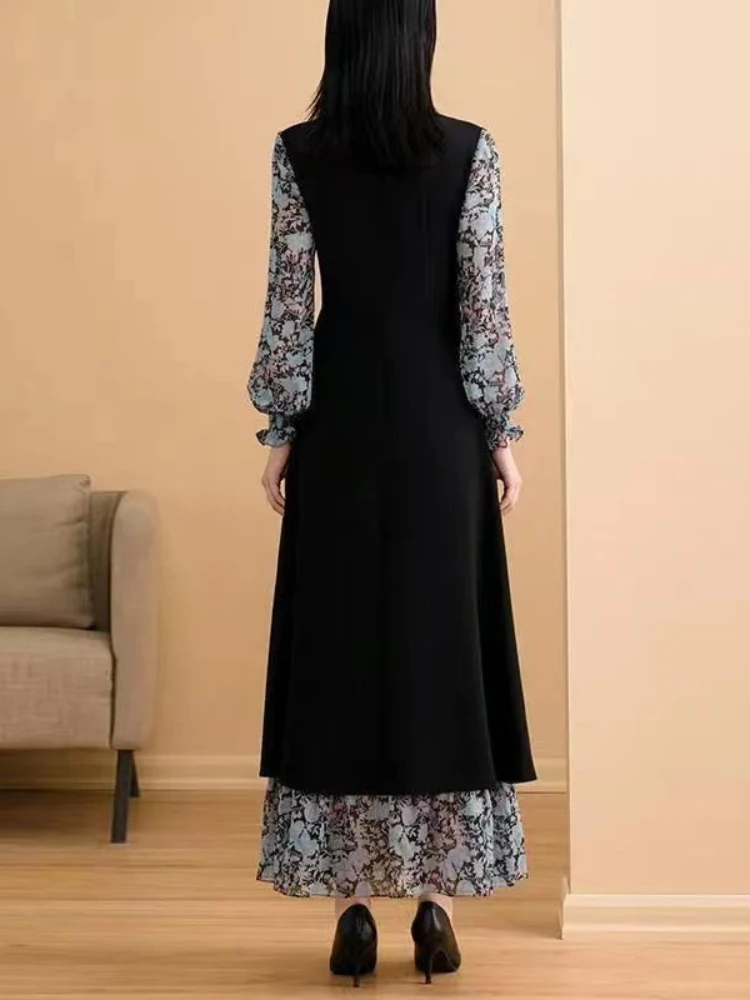 Vintage vestidos de manga longa moda feminina versátil projetado floral famoso senhoras roupas projetado temperamento suave estética ins