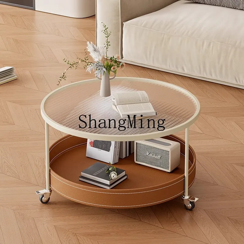 

CL Cream Style Saddle Leather Living Room Round Internet Celebrity Wheeled Movable Small Trolley Glass Coffee Table