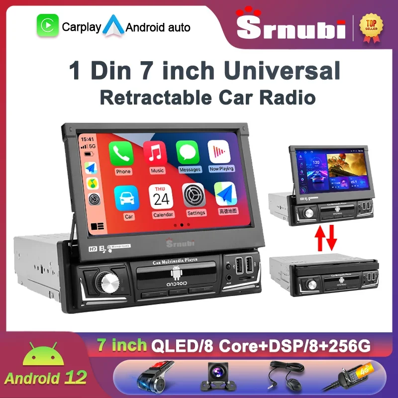 Srnubi Universal 7 inch 1Din Radio Android Player IPS Touch Retractable Screen WiFi Carplay Car Stereo Video GPS Navigation DVD