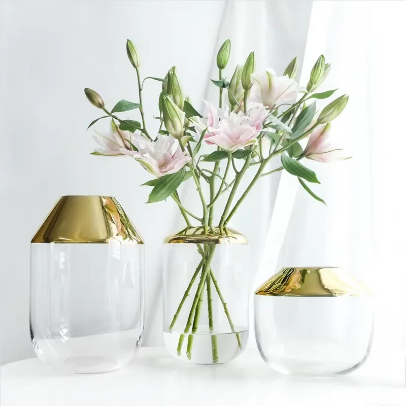 Modern Gold Plated Crystal Glass Vase Transparent White Creative Home Decor Wedding Party Table Centerpiece Elegant Interior