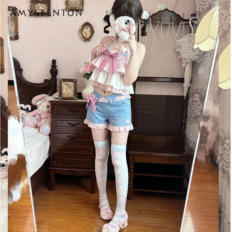 

25COSОригинальный милый топ без рукавов с лямкой на шее и бантом, кружевные шорты, комплект из двух предметов, женские летние новые комплекты Kawaii Girl Dopamine