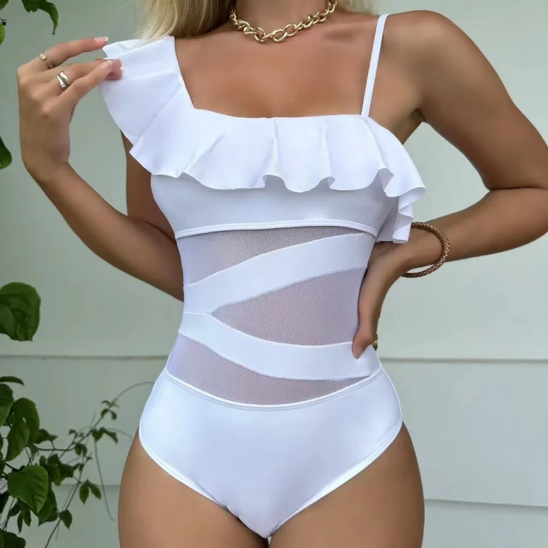 

Sexy new ruffle mesh patchwork one-piece swimsuit