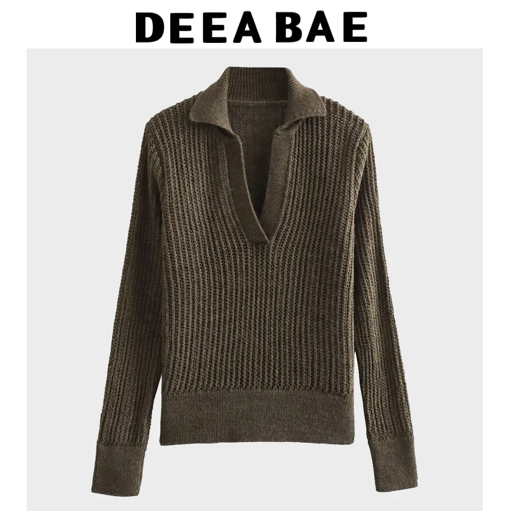 DEEABAE เสื้อผ้าผู้หญิง Design Sense ขนาดเล็ก V คอ Hollow ตกแต่งเย็บแขนยาวถักหลวม Slim เสื้อกันหนาว