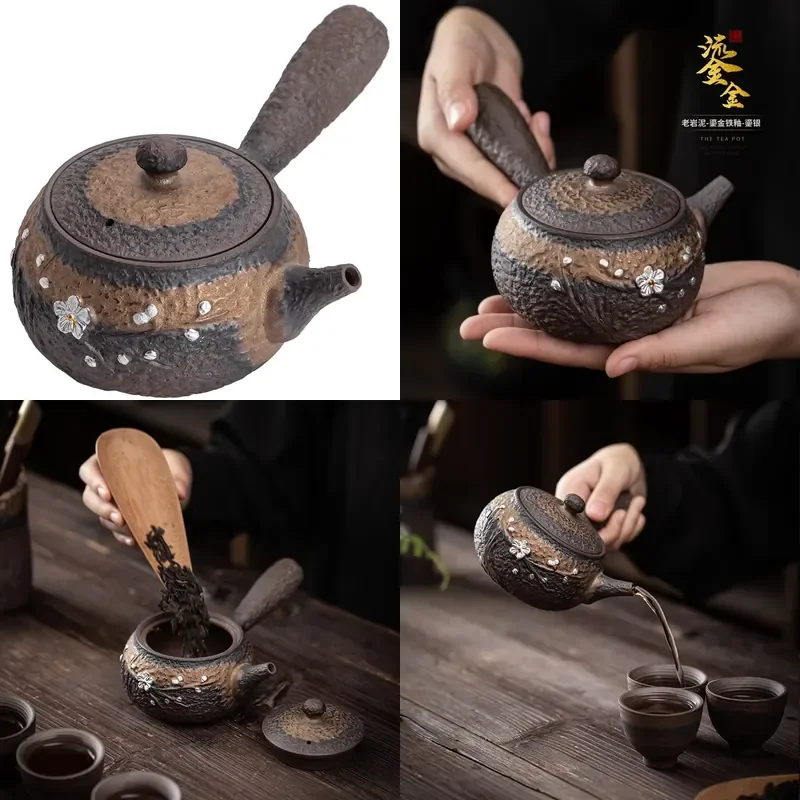 

【CHIMU HOME】 for Guzaoxiao Old Rock Clay Silver Gilded Stoneware Side Handle Pot Ceramic Strainer Teapot Handmade Single