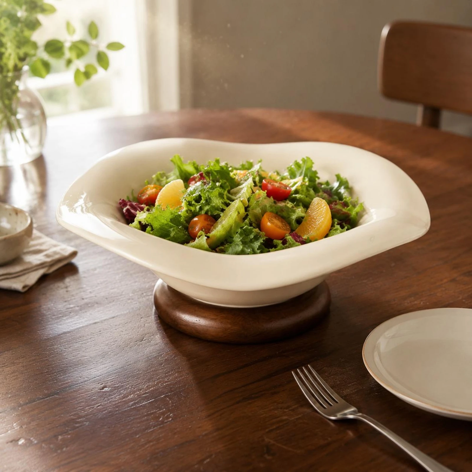 Ceramic Fruit Tray Wavy Rim Wood Base Fruit Tray Tableware Elevated Display for Table Presentation