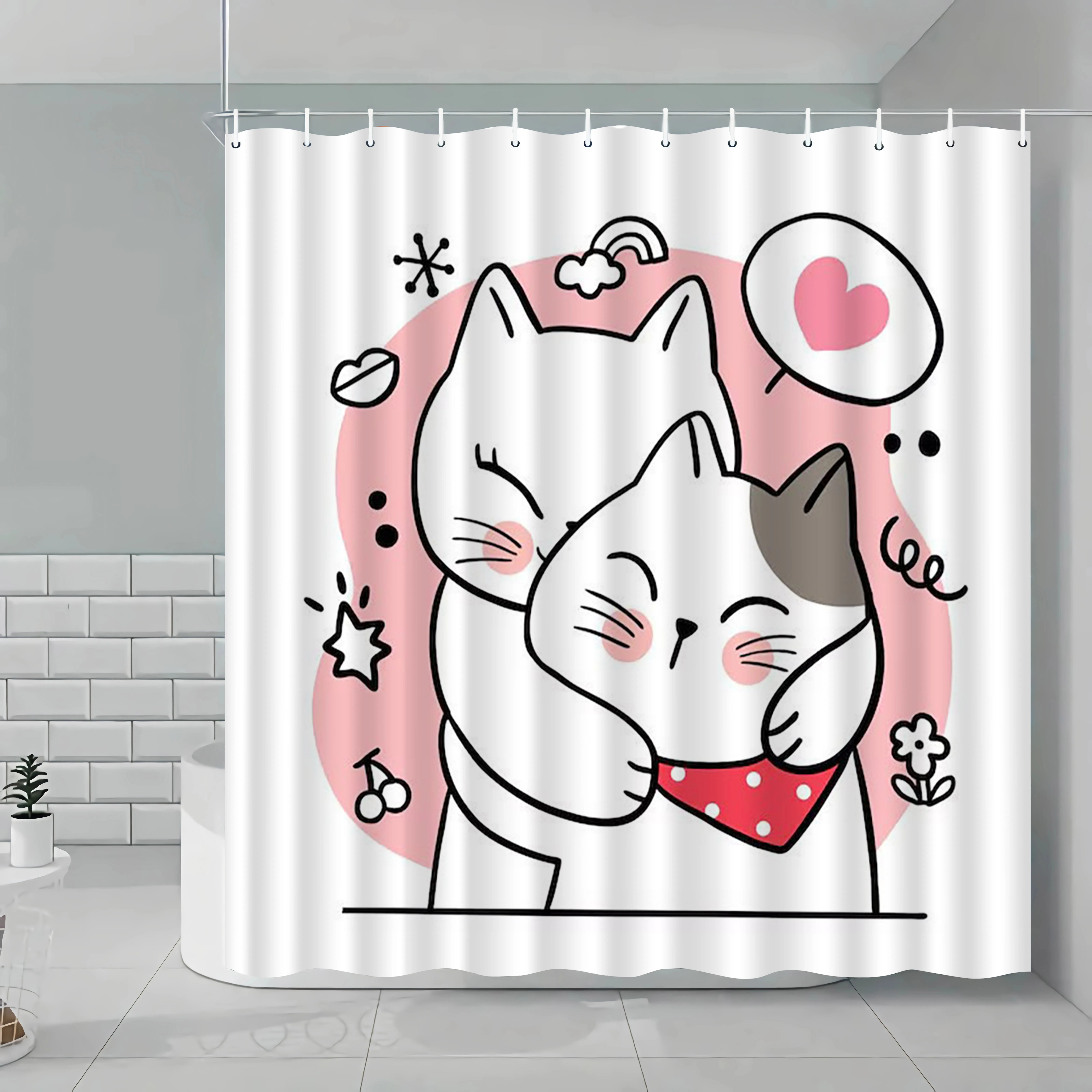 

Cute Hugging Cats Shower Curtain Kawaii Animal Art Bathroom Decor Love Theme Pet Design Waterproof Bath Curtain