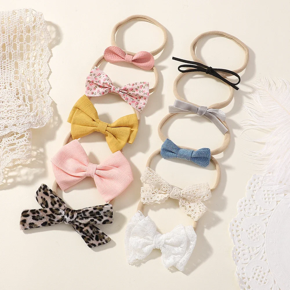 BABY BOWS 10 Teile/satz Spitze Blume Bögen Stirnband Baby Mädchen Leder Bowknot Nylon Elastische Haarband Neugeborenen Samt Haar Zubehör – Detail 11