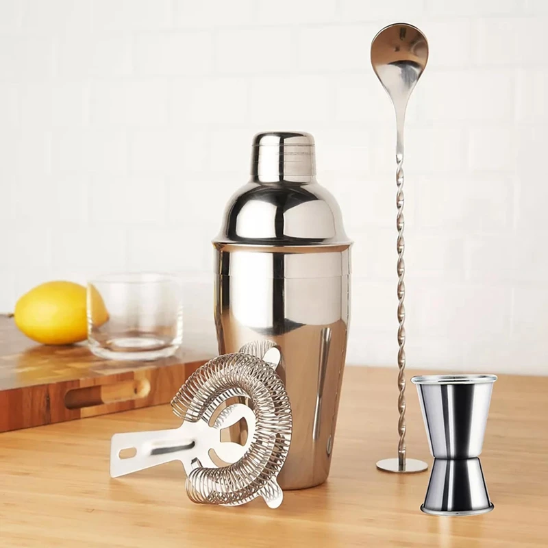 5-Piece Cocktail Shaker Set Shaker Strainer Jigger T-Mixing Spoon Muddler Bartender Kit Stainless Steel Bar Set