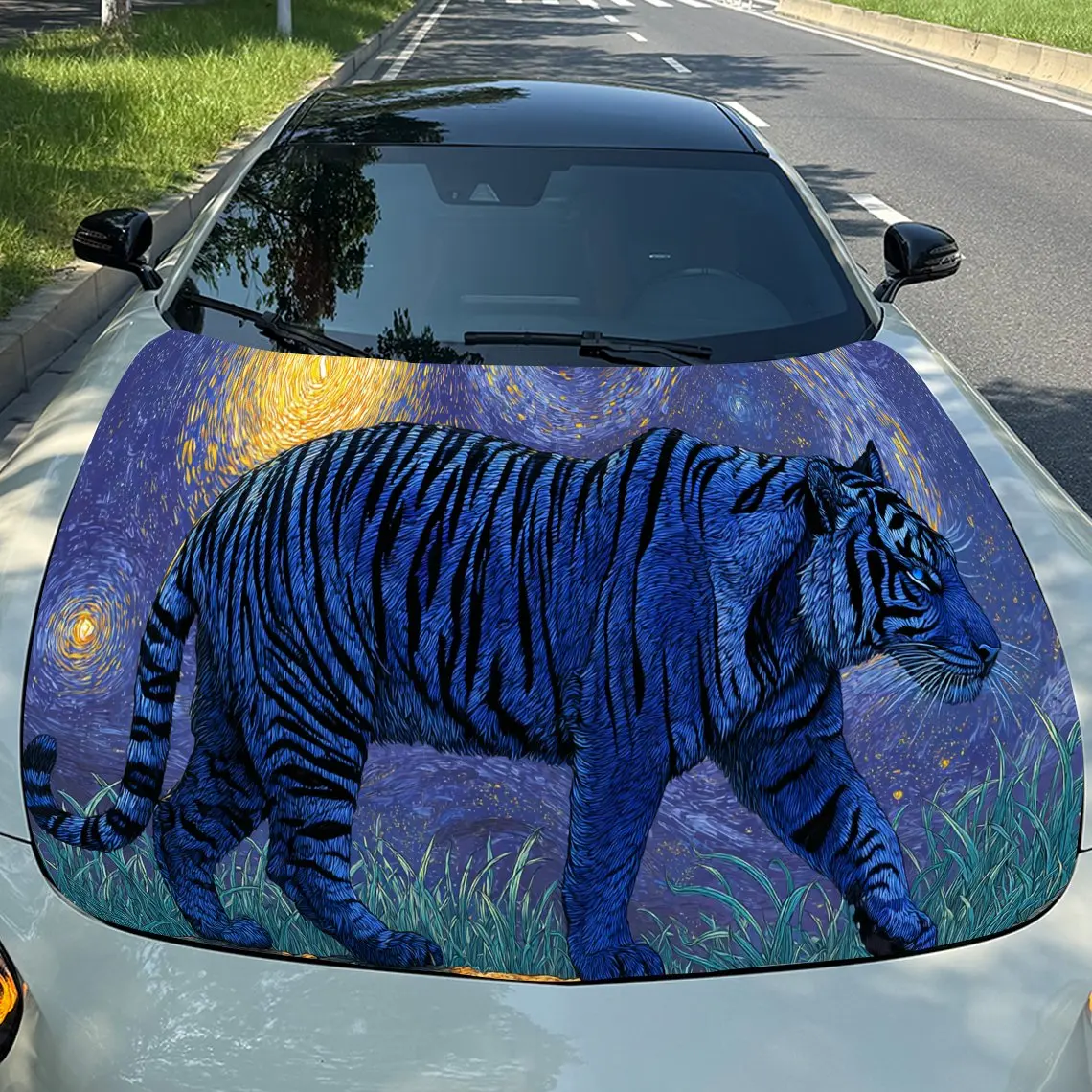 Dynamic Starry Walking Night Blue Tiger PVC Car Hood Wraps, Self-Adhesive Waterproof Car Bonnet Decal Sticker, Car Decoration Pr