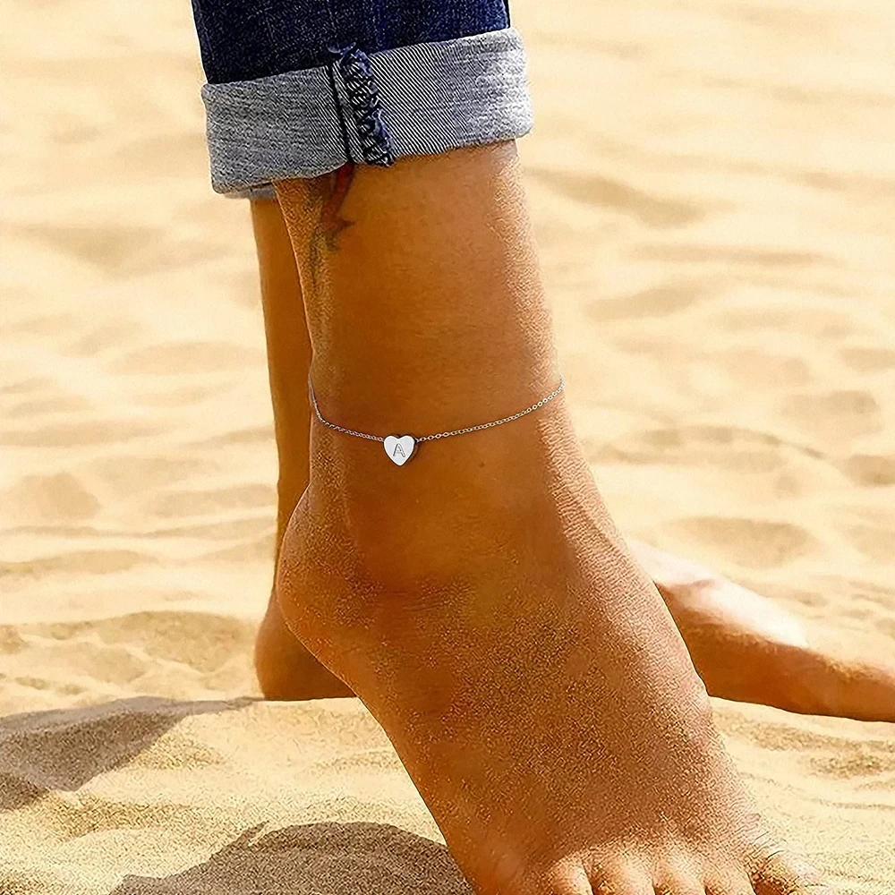 eManco Initials DIY Heart Anklet Stainless Steel Jewelry Name Customized Anklet English Alphabet Birthday Gift for Men and Women