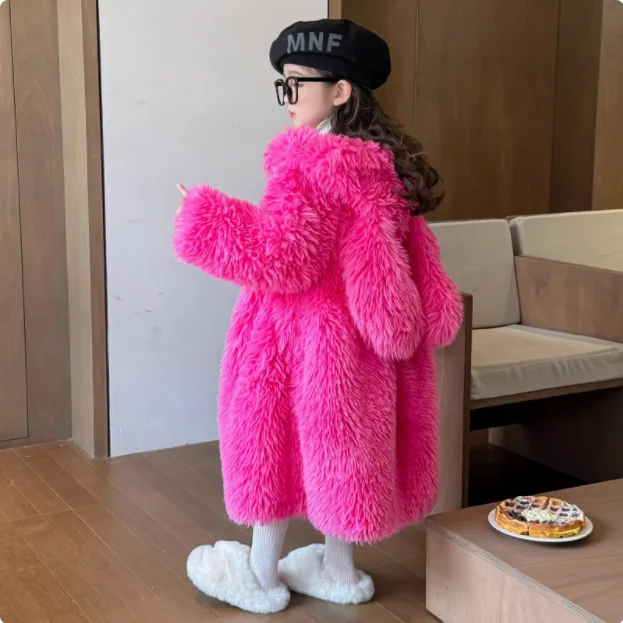 

Faux Fur Coats Children Mid Length Jackets Solid Zipper Hooded Long Sleeves Thick Warm Fur Loose Fit Casual 2025 Autumn Winter