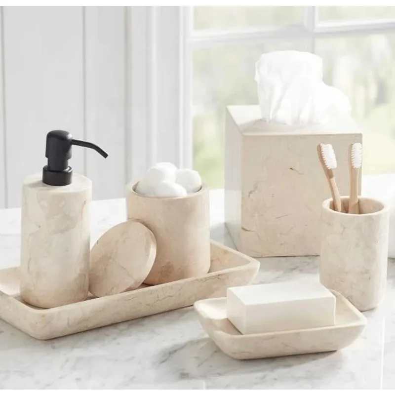 

6 pcs cream colored Marble Bath Accessories Toothbrush Holder Soap Dish Canister and tray