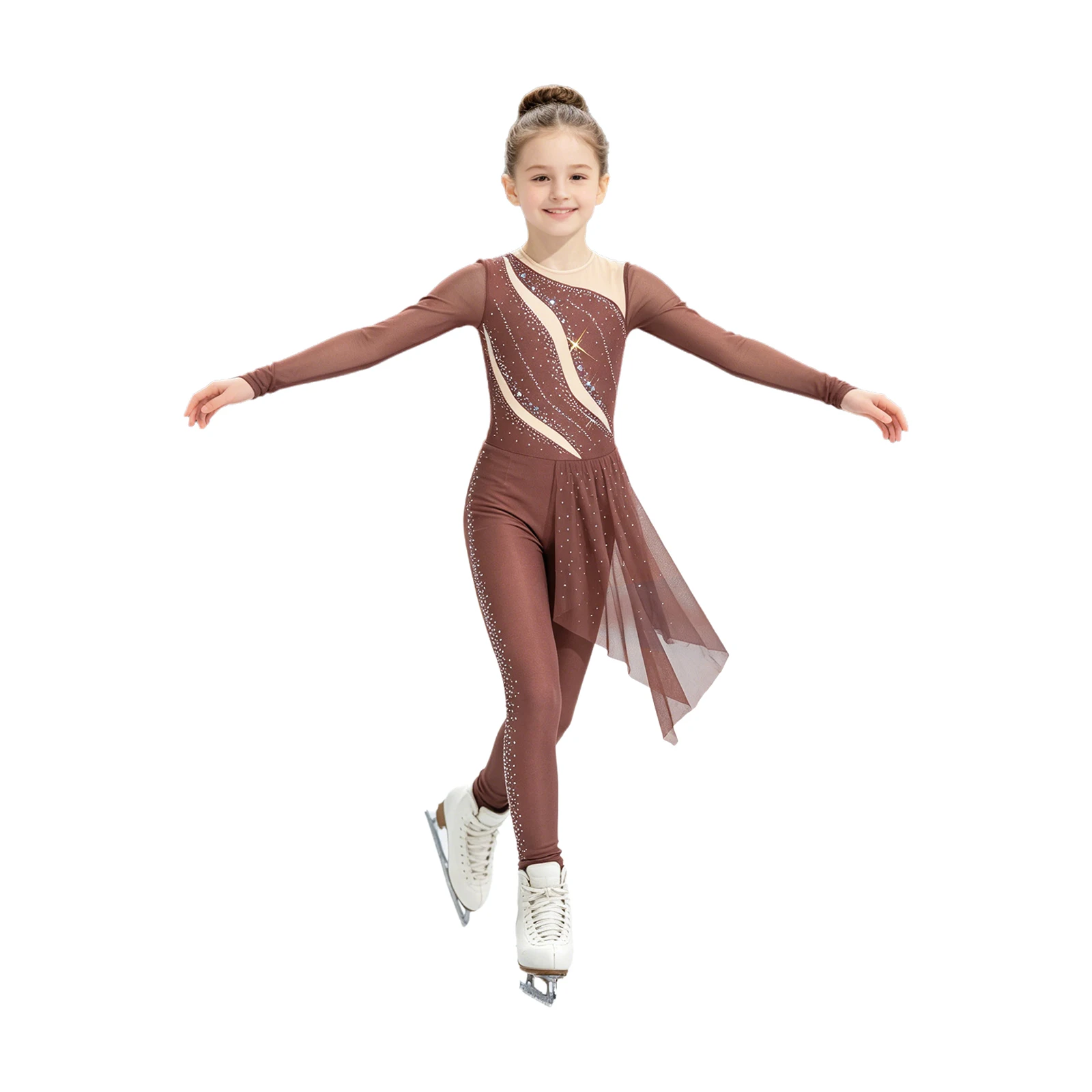 Kids Girls Figure Skating Costume Ballet Jumpsuit Dance Costume Rhinestone Gymnastic Bodysuit Ice Skating Clothes Dancewear