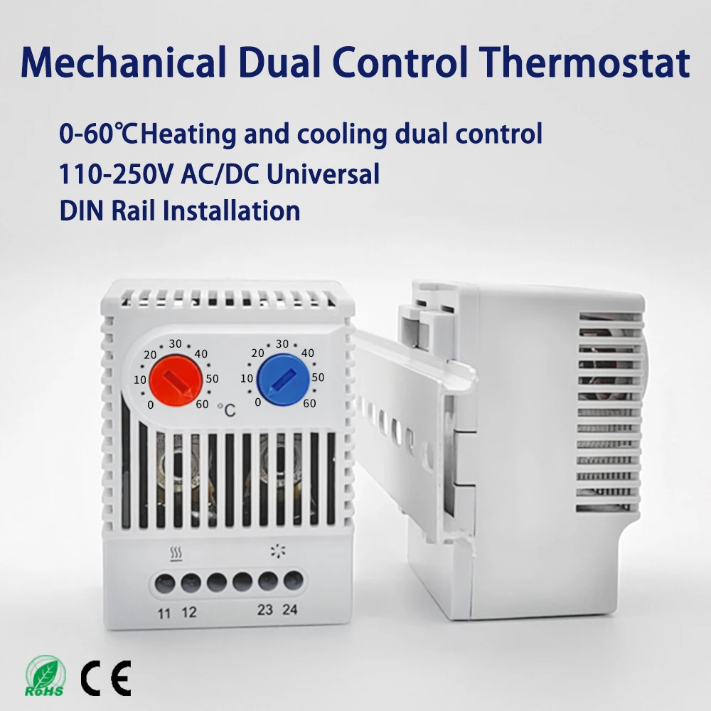 ZR011 Mechanical Dual Control Thermostat NO+NC Heating and Cooling Dual Control Cabinet Temperature Controller DIN Rail Mount