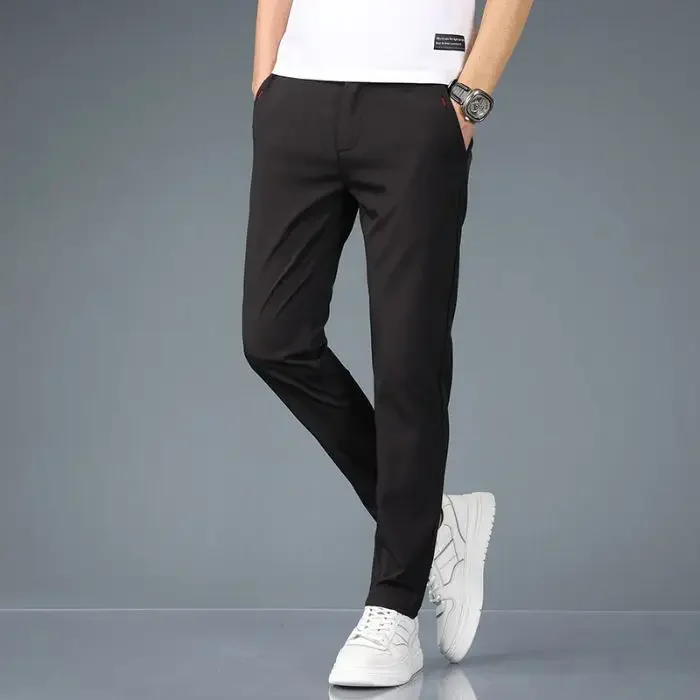 Men Summer Slim Fit Thin Ice Silk Pants Male Casual Loose Straight Leg Pants Trend Versatile Ankle Length Cropped Trousers
