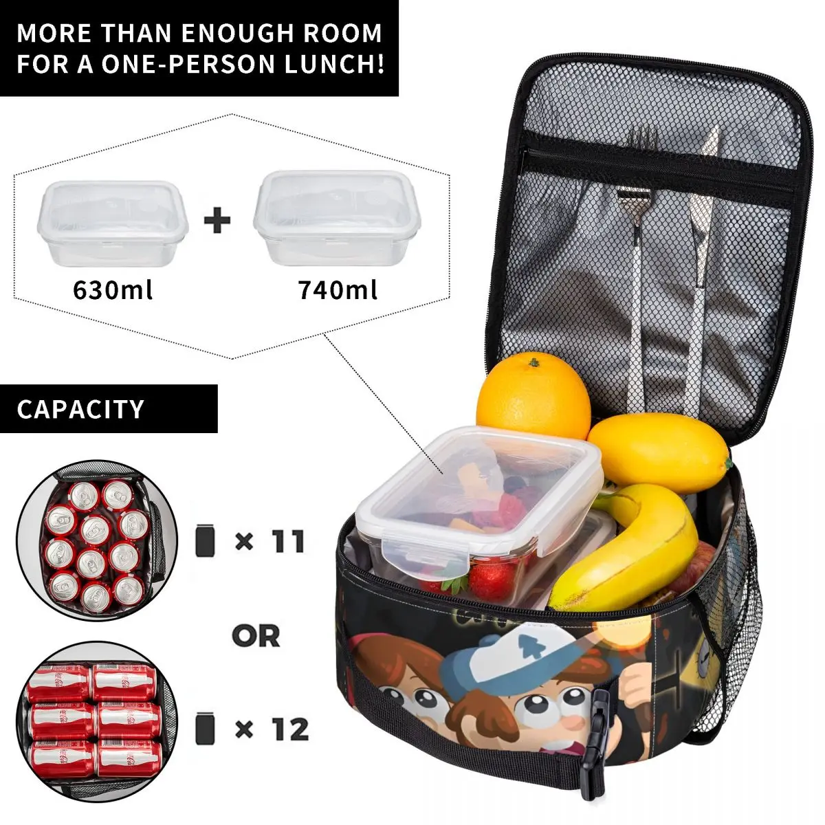 Gravity Falls Lunch Bag Funny Lunch Box For Men Office Portable Insulated Cooler Bag Oxford Print Tote Food Bags