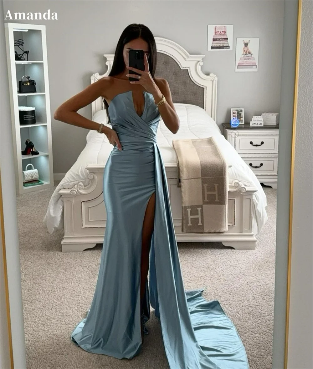 Amanda Ice Lake Blue Satin vestidos de noche V-Neck Mermaid Prom Dresses Elegant Sleeveless Side High Split Formal Evening 2024