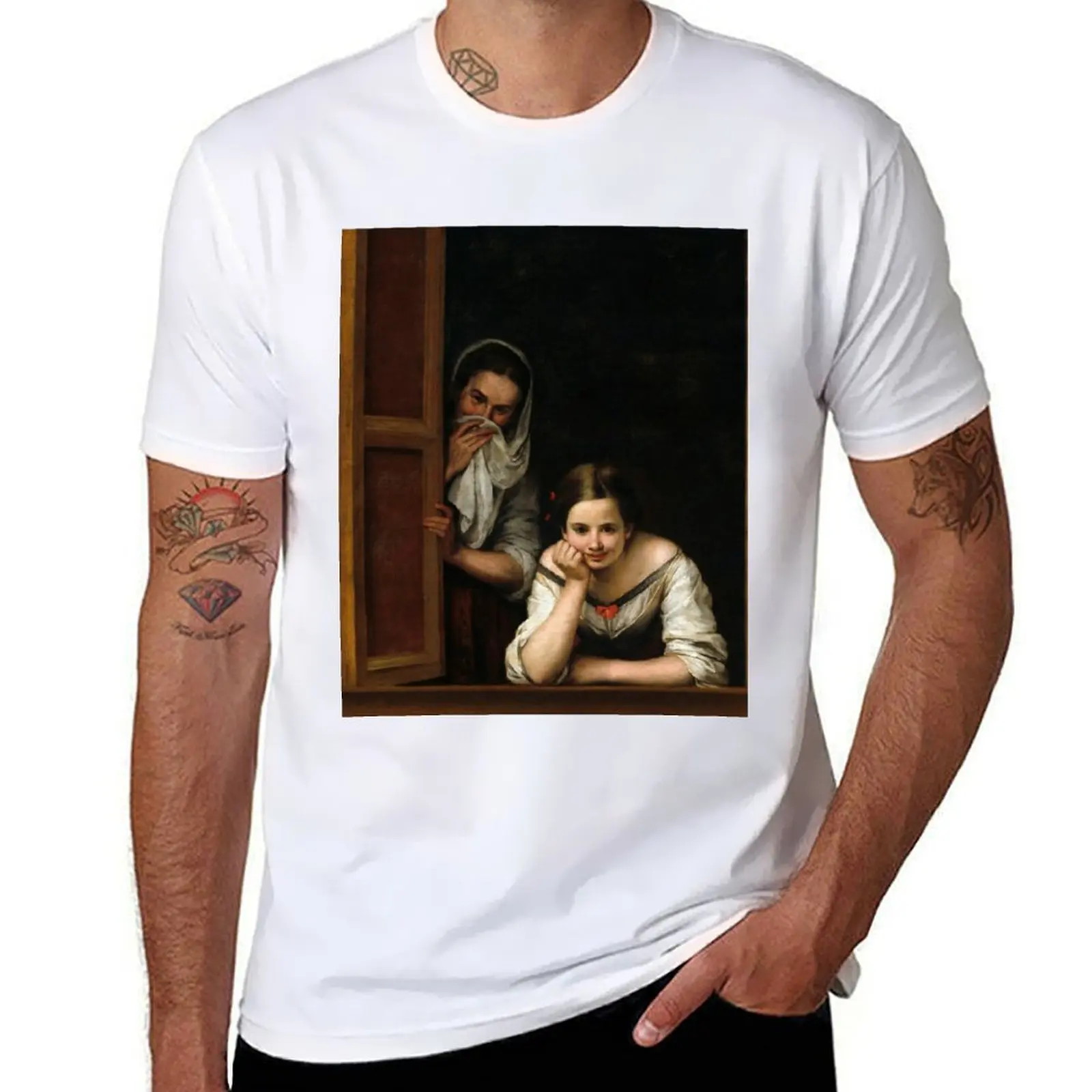 Bartolome Esteban Murillo dos mujeres en una ventana camiseta anime camiseta hombre camiseta de lujo