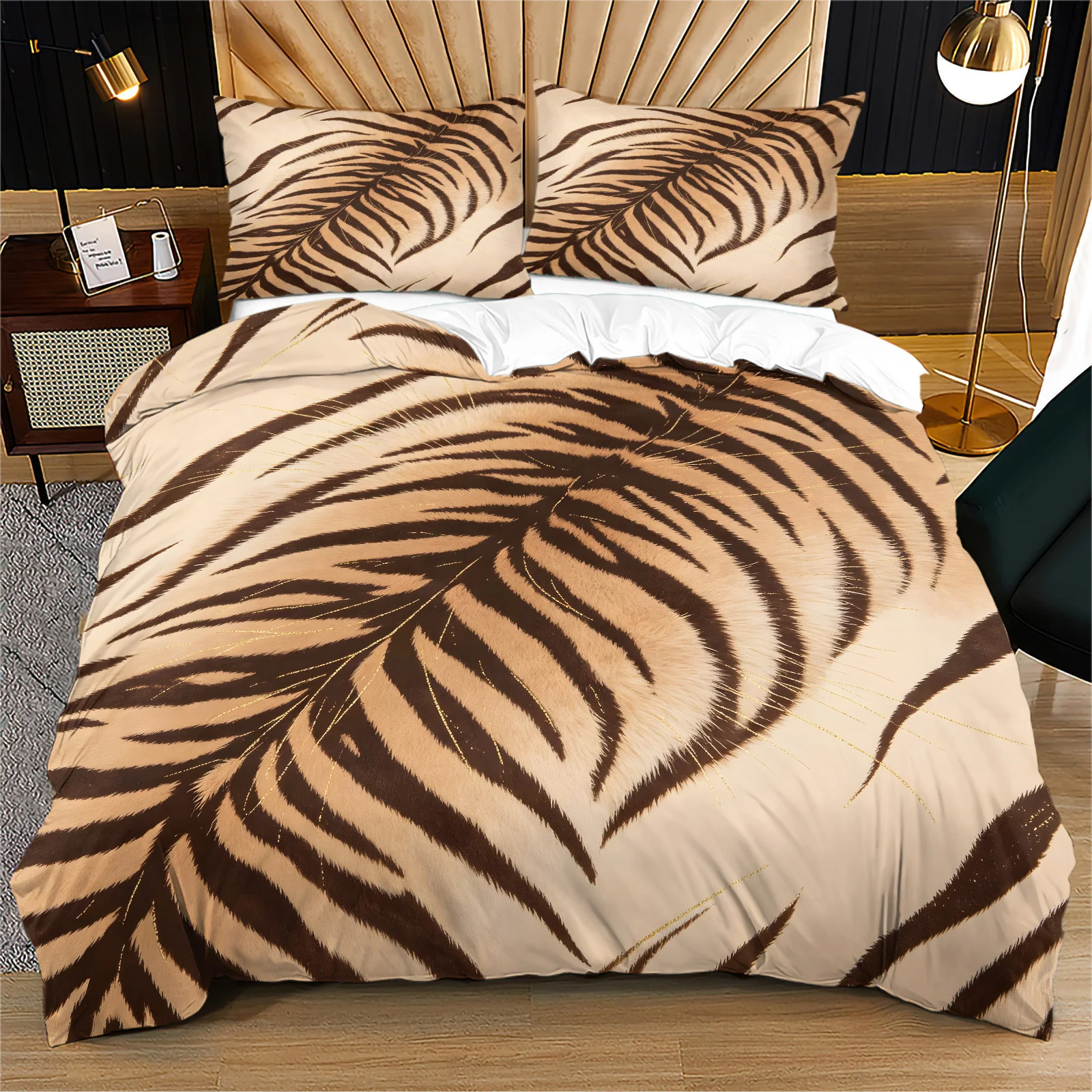 Symmetrical Tiger Fur Print Duvet Cover Set Soft Brushed Microfiber Wild Animal Stripe Bedding Set Quilt Cover with Pillowcase