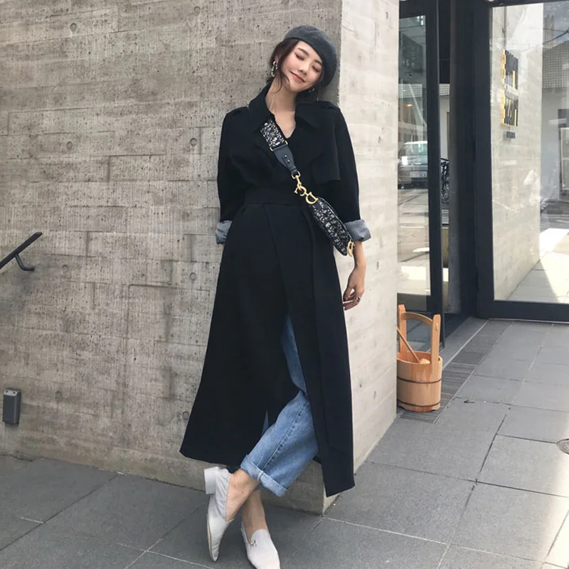 Windbreaker Women Mid Length Simple Style Black Over Knee Autumn Coat