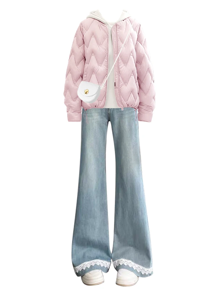 Faionable Anti-Aging Rosa Rautenmuster Baumwollanzug-Set Damen Winter Design Spitze Spleißen Ausgestellte Jeans Zweiteiliges Set