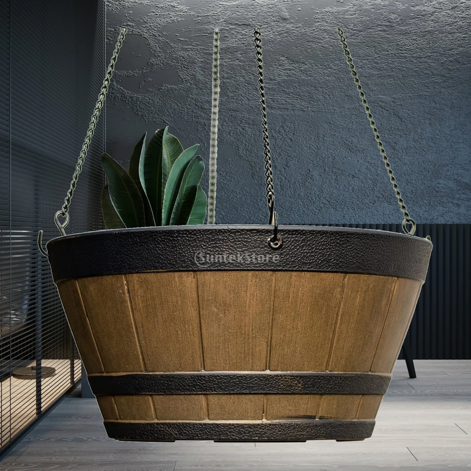 Hanging Planter with Wood Grain Lightweight Tapered Hanging Pot Barrel Planter Sturdy Space-Saving for Gardeners, Balcony, Patio