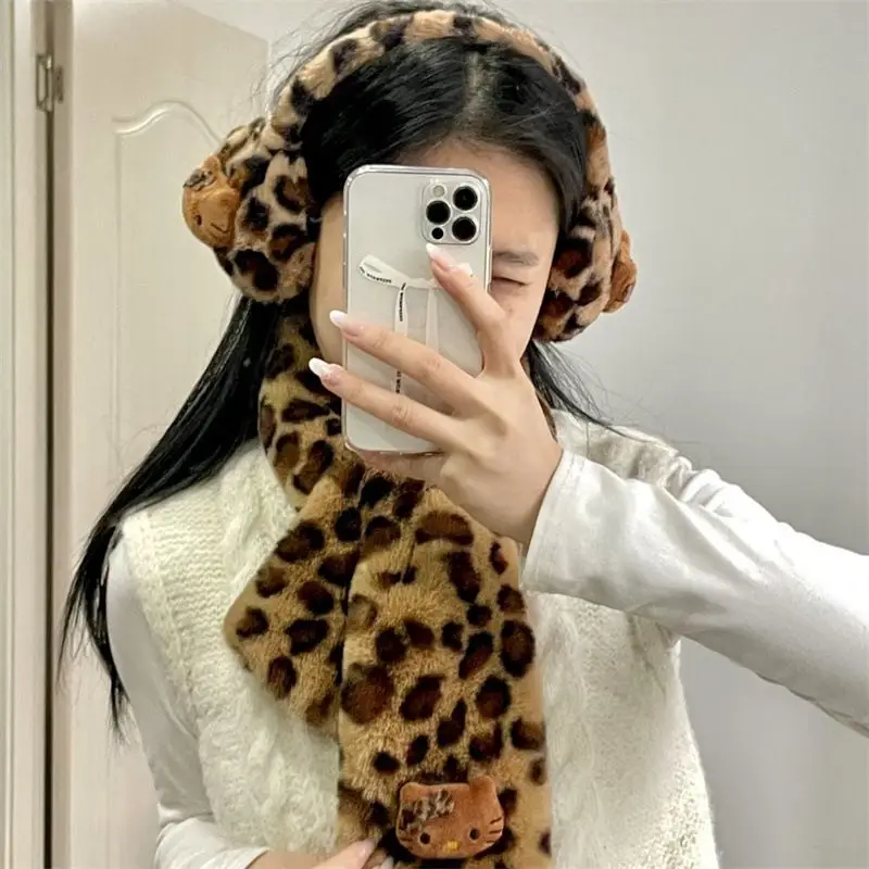 

Sanrios Winter Leopard Hello Kitty Earmuffs & Scarf 2 Pcs Sets Women's Cute Y2k Student Cycling Warm Plush Fluffy Accessories