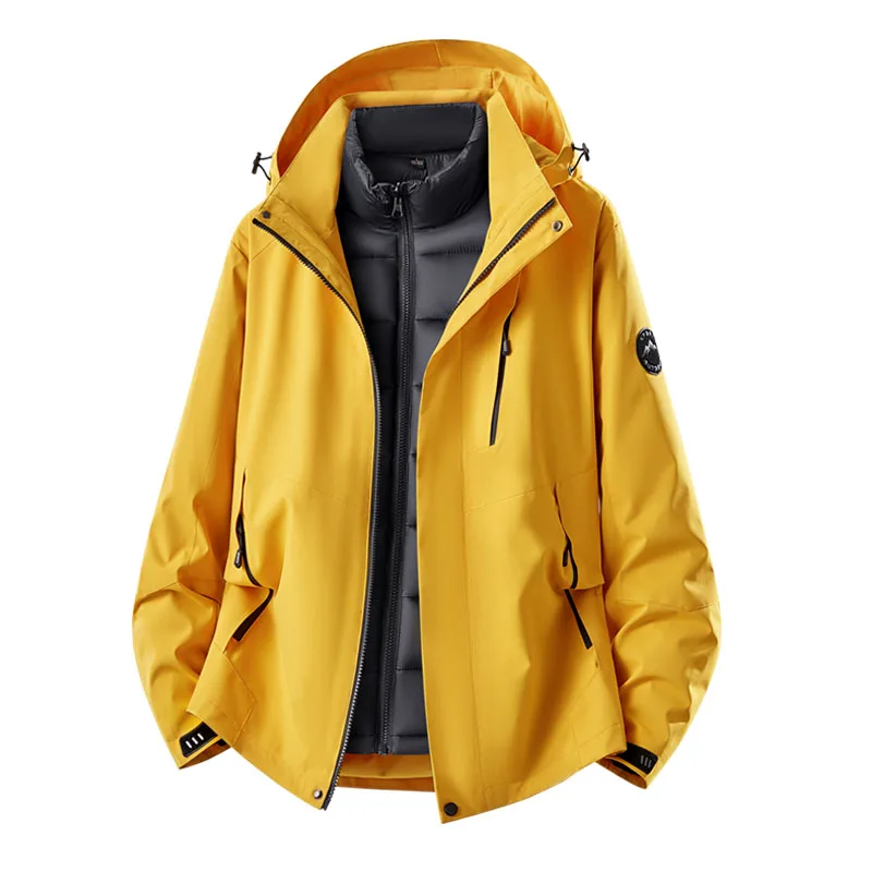 Unisex 3-in-1 Kapuzenjacke mit abnehmbarem, gepolstertem Innenmantel, farblich abgesetzte, wasserdichte, winddichte Jacke mit Reißverschluss für Männer und Frauen zum Wandern und Camping. – Detail 6