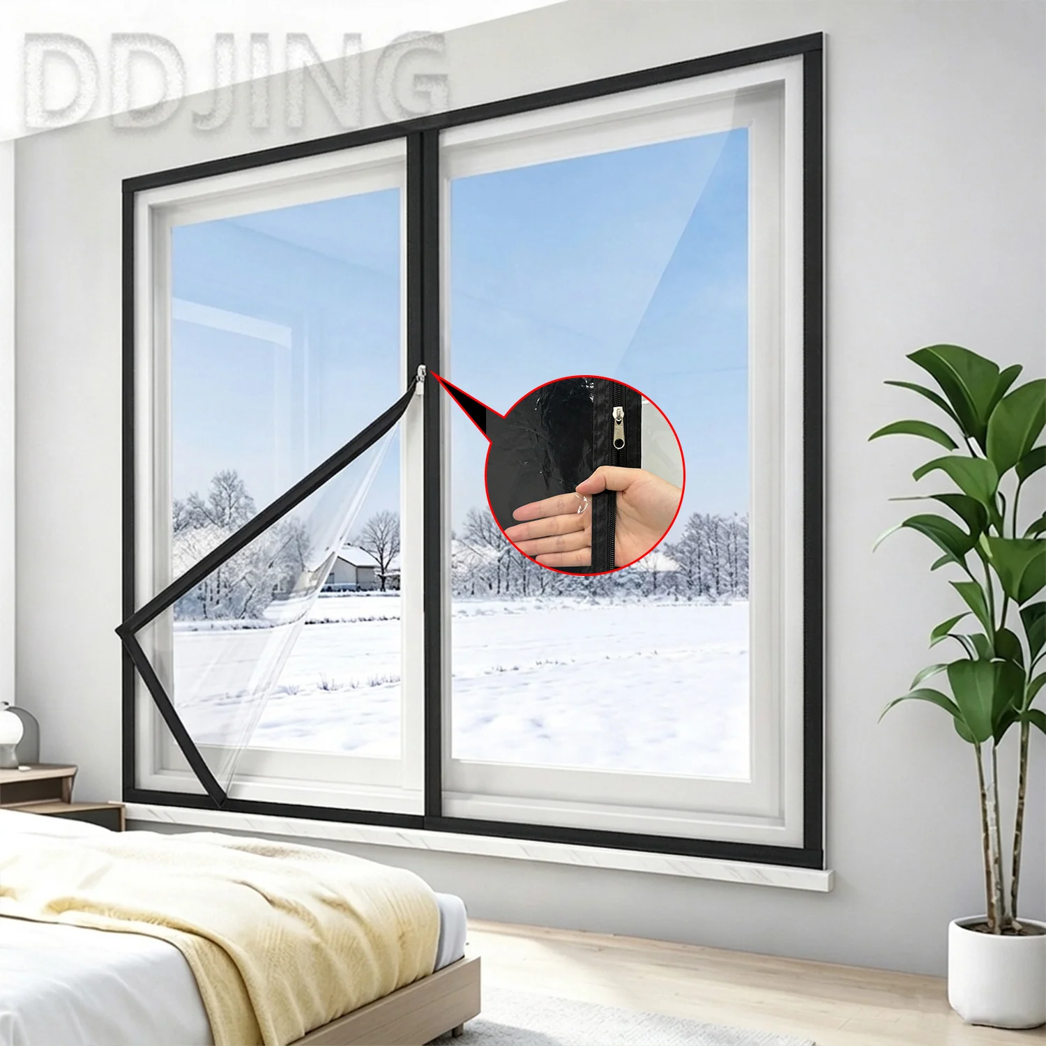 Black zipper style winter transparent warm window film, windproof, cold proof, no drilling self-adhesive home insulation film