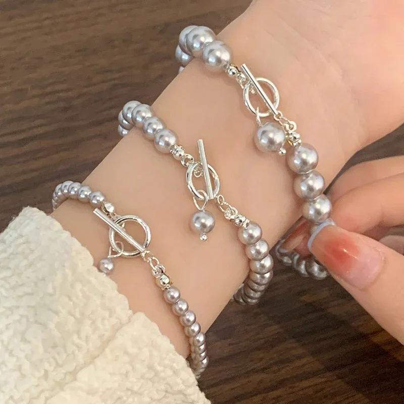 

Real 925 Sterling Silver 4/6/8MM Pearl Round Charm Bracelets for Women Classic Geometric Fine Jewelry Minimalist Accessories