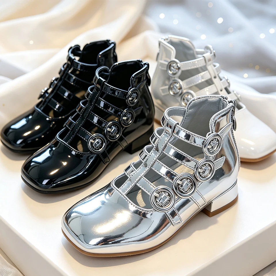 Fashion Girls Shiny Metallic Leather Mary Jane Shoes Pageant Children Stage Performance School Uniform Ceremony Special Sandals