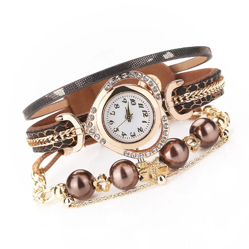 Luxury Rhinestones Women Bracelet Watches Love Dial Leather Band Ladies Wristwatch with Pearl Pendant with Pearl Pendant