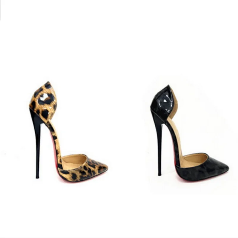 CACA 16/14cm Leopard Patent Leather Women Pumps, Fetish High Heels, Mid Shallow Out Bed Shoes, Pointed Toe, Blue, Black, Custom Colors