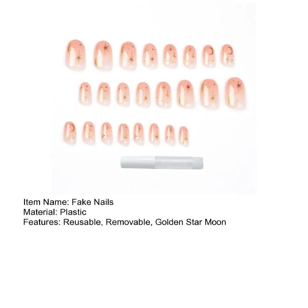 24Pcs/Set Press on Nails with Glue Golden Star Moon Short Square Glossy DIY Full Cover Women Girls Fake Nails Salon Home Use