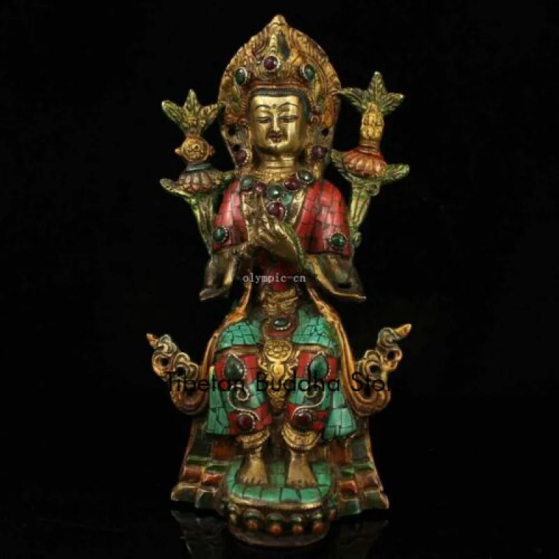 9'' tibet bronze gold turquoise red coral gem Guanyin Manjusri Buddisattva