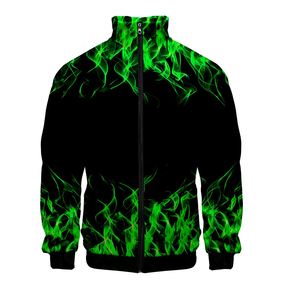 Blue Green Red Purple Flame 3D Printed Men's Jackets Harajuku Cardigan Stand Collar Zipper Baseball Jacket Outerwear Coats