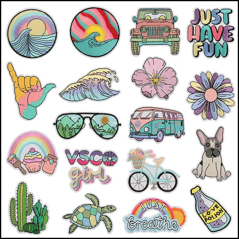 Summer Series Embroidered Patches Sea Turtle Sunrise Sunset Iron on Patch DIY Jacket Backpack Shoe Stickers Cactus Badge