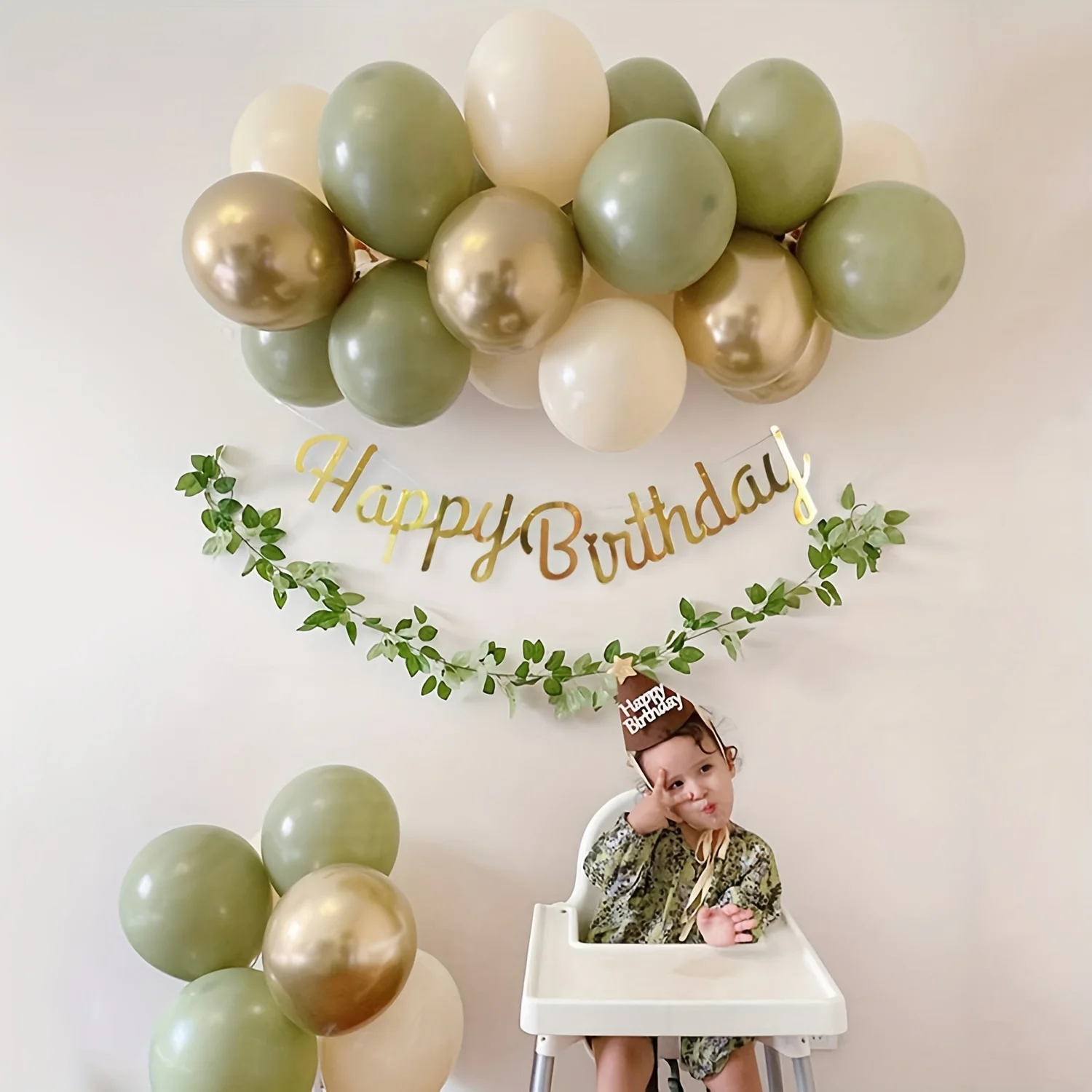 32PcsForest style retro avocado green birthday balloon chain set for children's first year party scene decoration and decoration