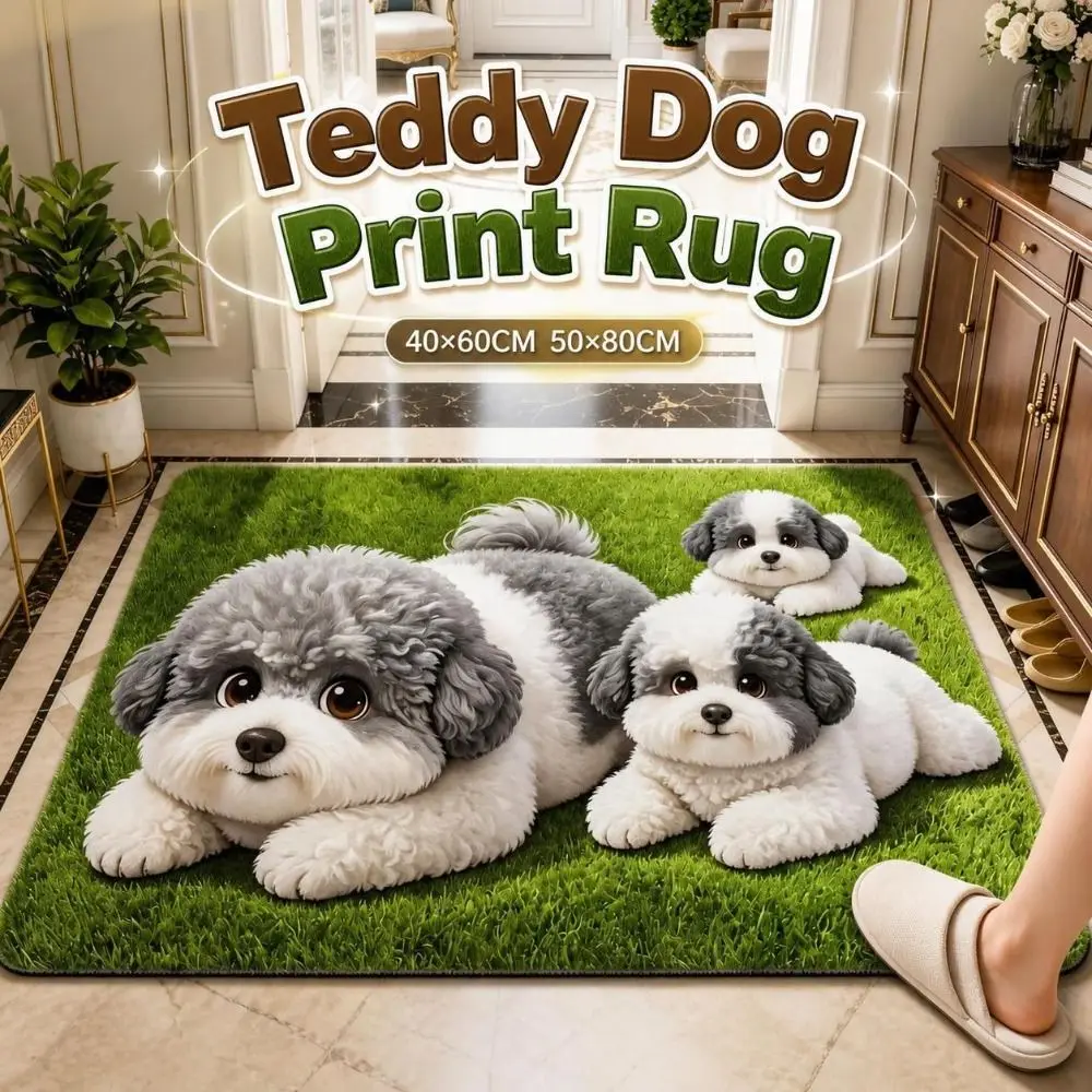 Cartoon Diatomite Teddy Dog Print Rug Pet Themed Non-slip Floor Mat Absorbent Abrasion-resistant Entryway Rug Home Decor