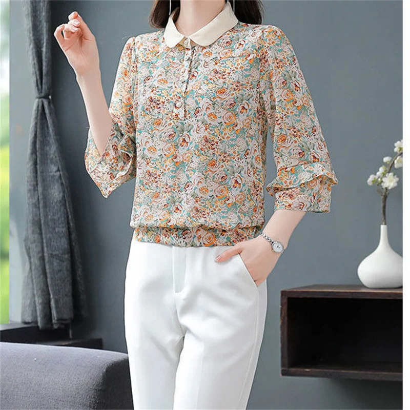 Elegante mode bloemenprint 3/4 mouwen chiffon blouses zomer dameskleding ruches koreaanse knoop dames shirts losse tops