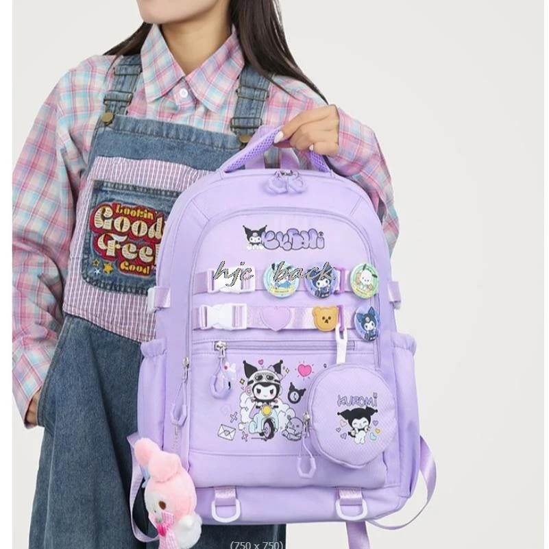 Indah Kuromi Melody Cinnamoroll tas sekolah perlindungan tulang belakang bayi Kawaii Anime sekolah dasar gadis ransel hadiah tahan air