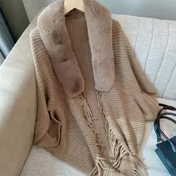 Women Winter Shawl Thick Knitted Plush Tassel Open Stitch Cardigan Solid Color Neck Faux Fur Ponchos Party Prom Cape