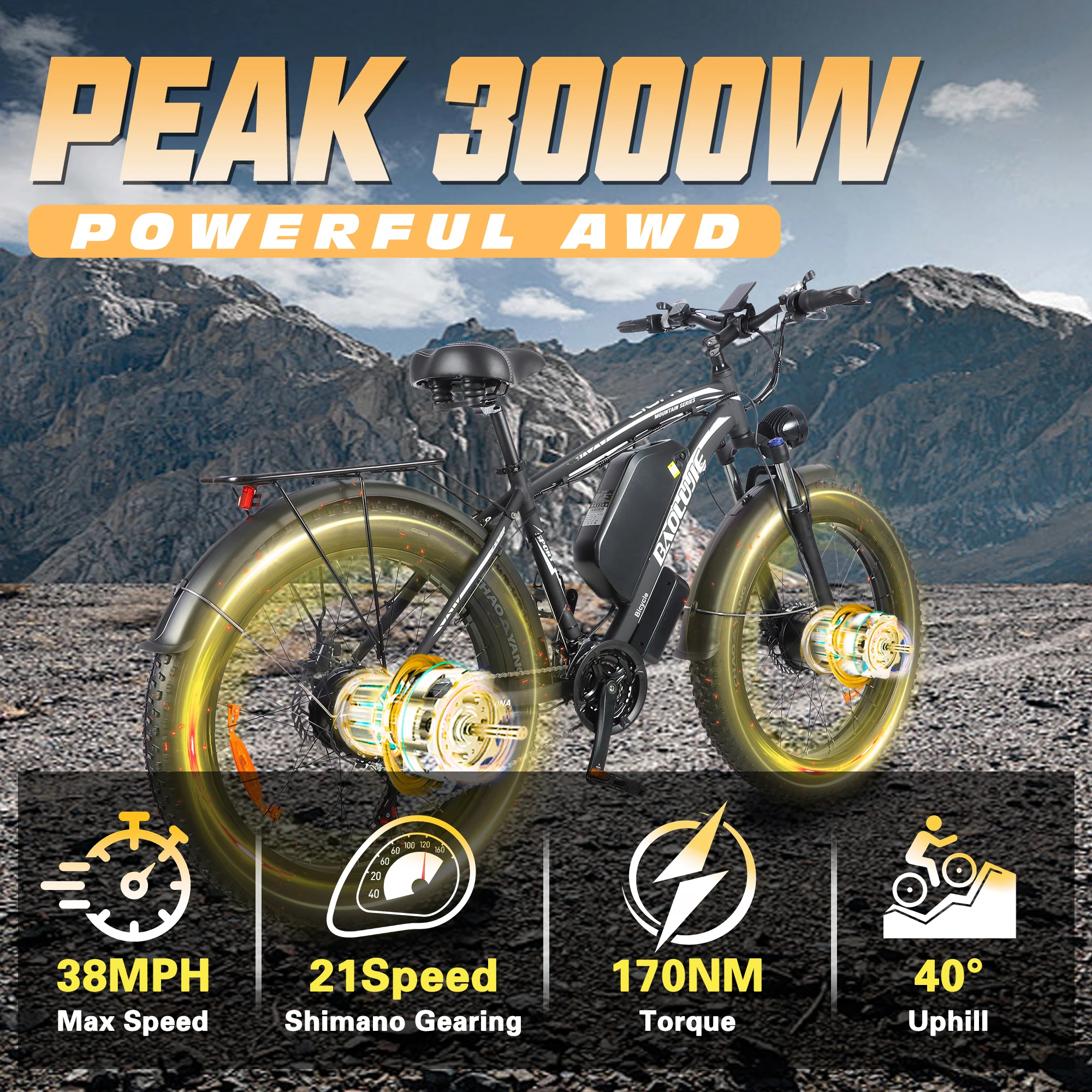 【1 Year Warranty】BAOLUJIE 2602 Adult E-Bike ebike with 3000W Two Motors, 48V 23AH Battery,26 Inch Wide Tyre Electric Bike UL2849