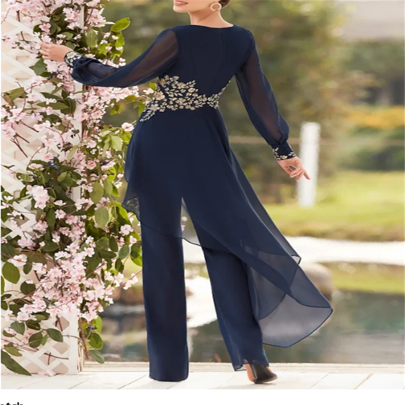 

Комбинезон-брючный костюм длиной до пола, с длинным рукавом и V-образным вырезом, элегантное торжественное свадебное платье для гостей, шифоновое кружевное платье для матери невесты с кружевом