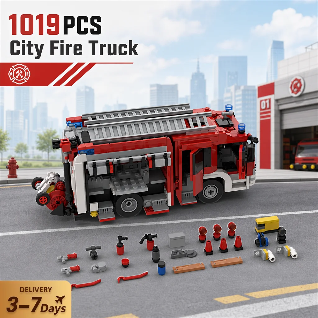 Städtisches Feuerwehrauto Krankenwagen Bausteine MOC 137461 Montagemodell Ziegelstein-Sammlung Heimdekoration Kreatives Spielzeug Geschenke für Erwachsene 1019 Teile