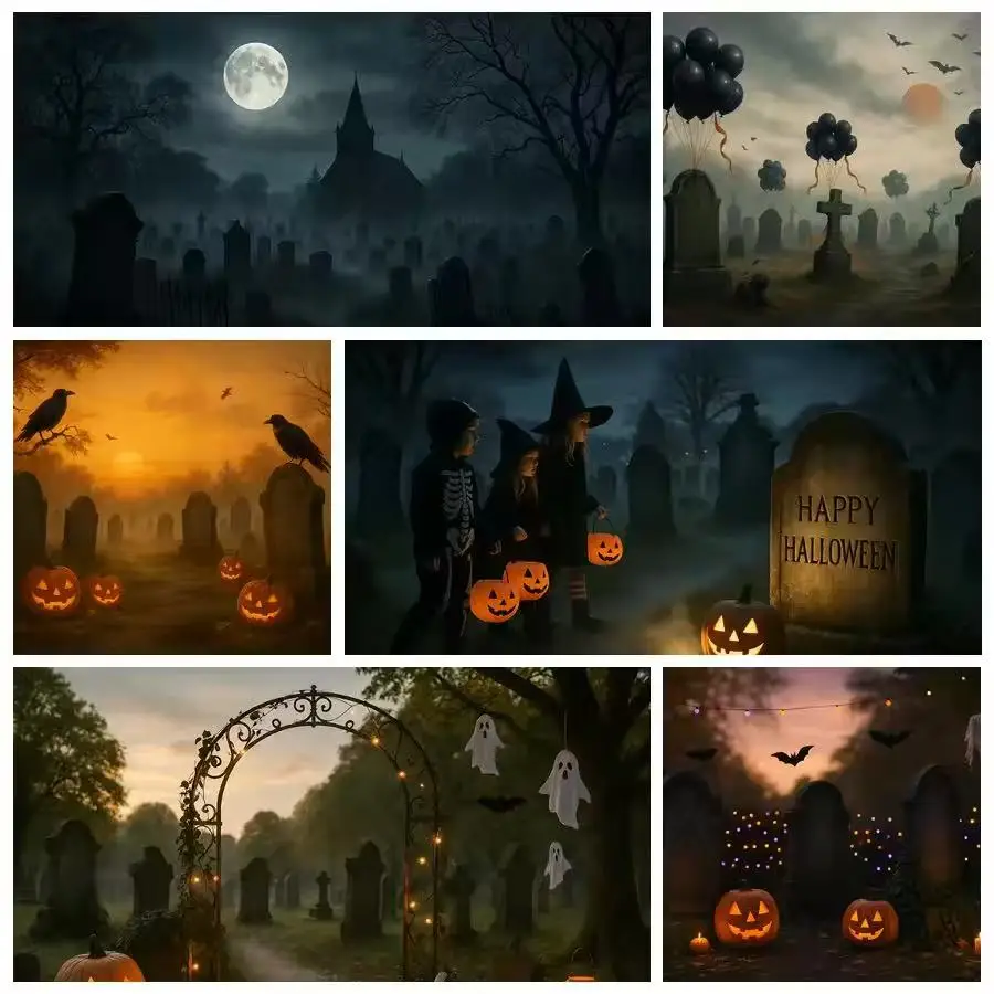 

Halloween Moonlight Night Tombstone Theme Custom Text Party Backdrop Evil Pumpkin Bat Festival Decoration Photography Background